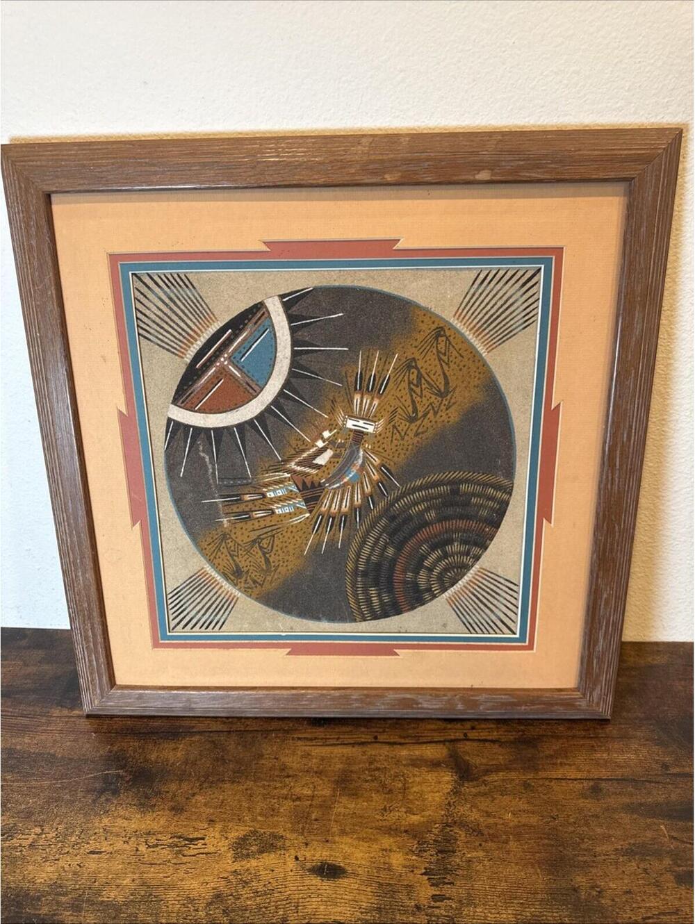 Navajo Sand Art Double Yei Figures w/ Corn Signed Begay Native Wall Art 13"x 13"